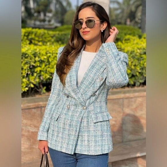 ZARA BLOGGERS FAV textured double blazer check tweed blue metallic chanelish s - Picture 4 of 9